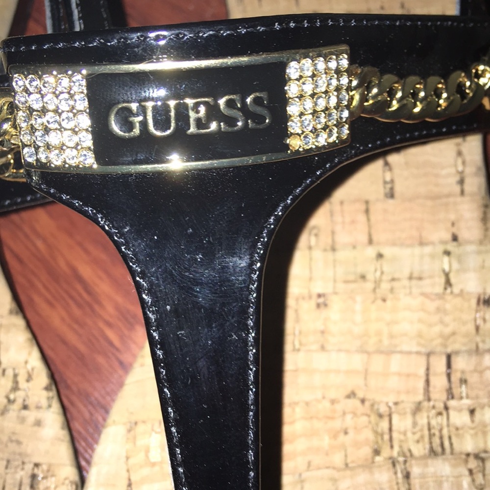 Guess Black Patent Gold Plate Cork Sandals - Picture 3 of 4